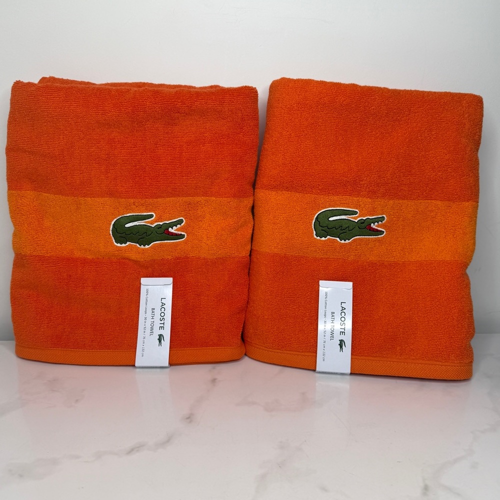 2 Lacoste Towels Orange Big Crocodile 100% Cotton NEW